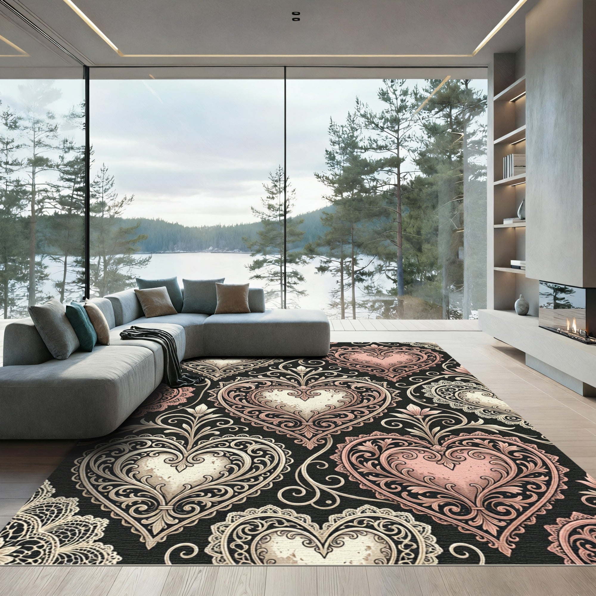 Vintage Pink Heart Filigree Rug