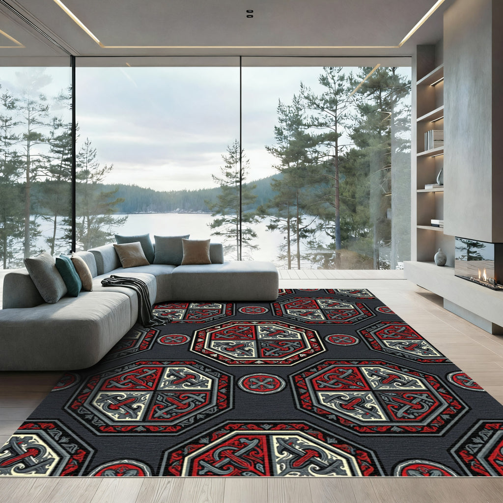 Gothic Crimson Charcoal Geometric Tile Rug