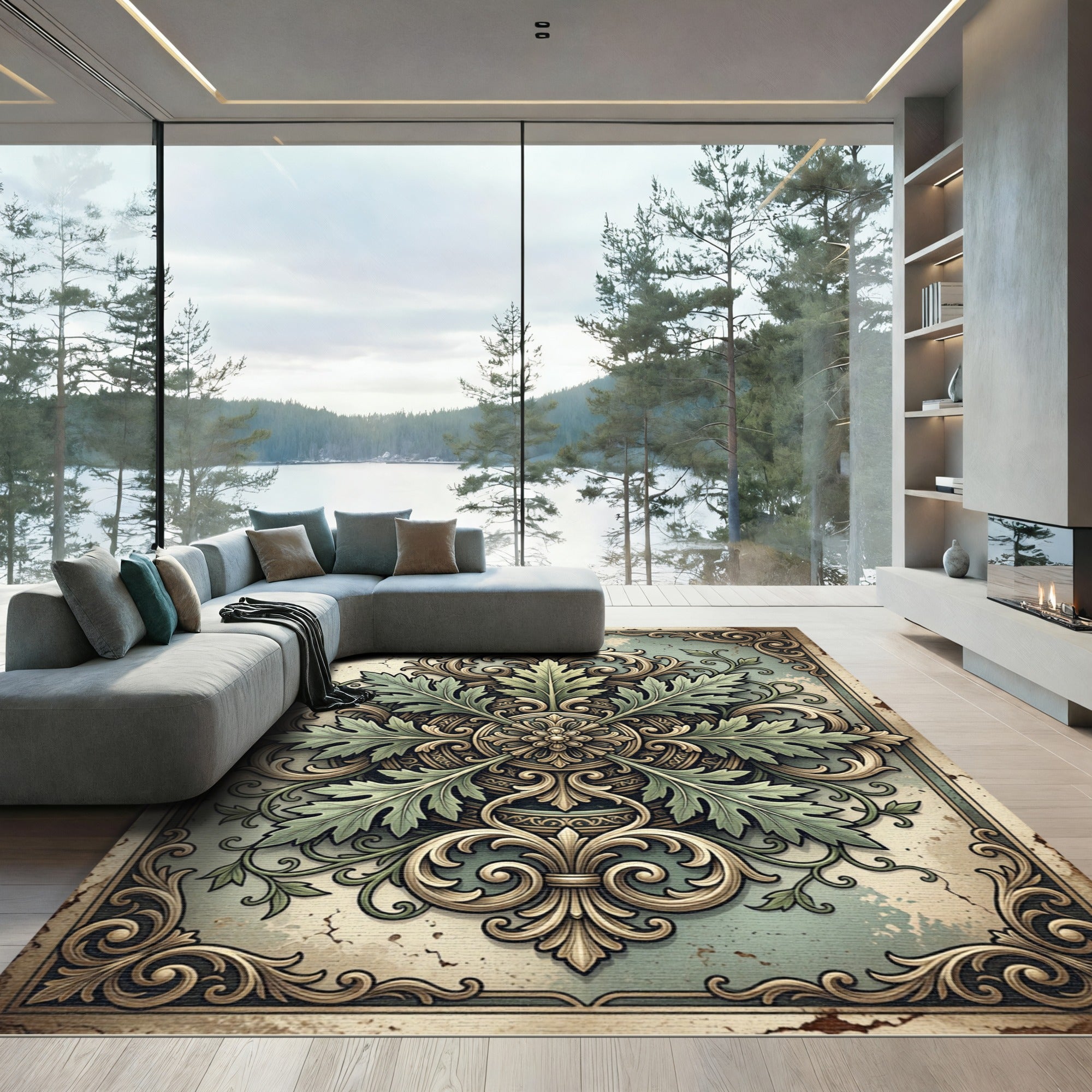 Elegant Sage Green Acanthus Medallion Rug