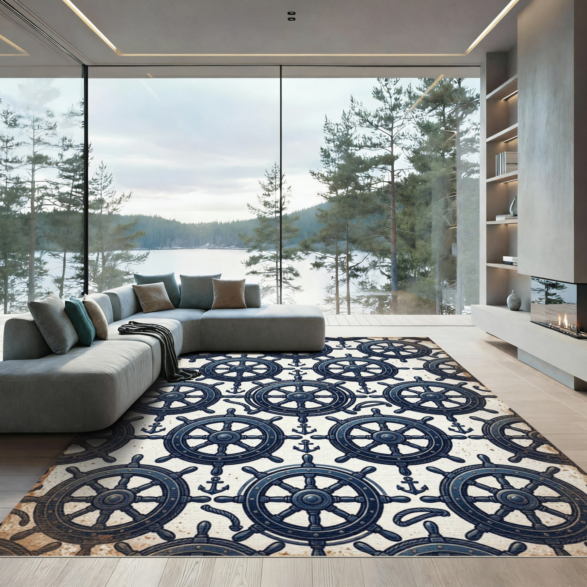 Navy Nautical Helm and Anchor Texture Rug