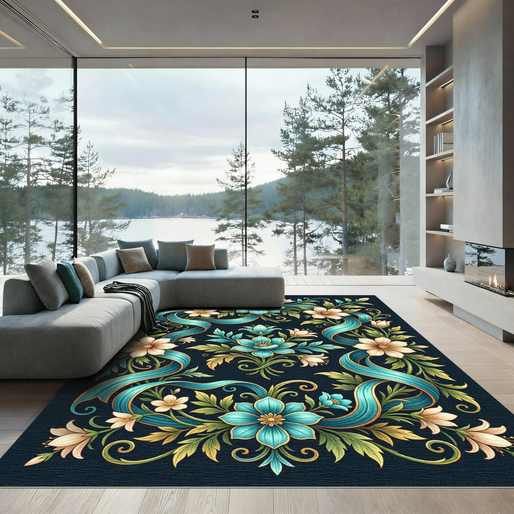 Teal Floral Ribbon Botanical Art Rug