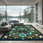Teal Floral Ribbon Botanical Art Rug