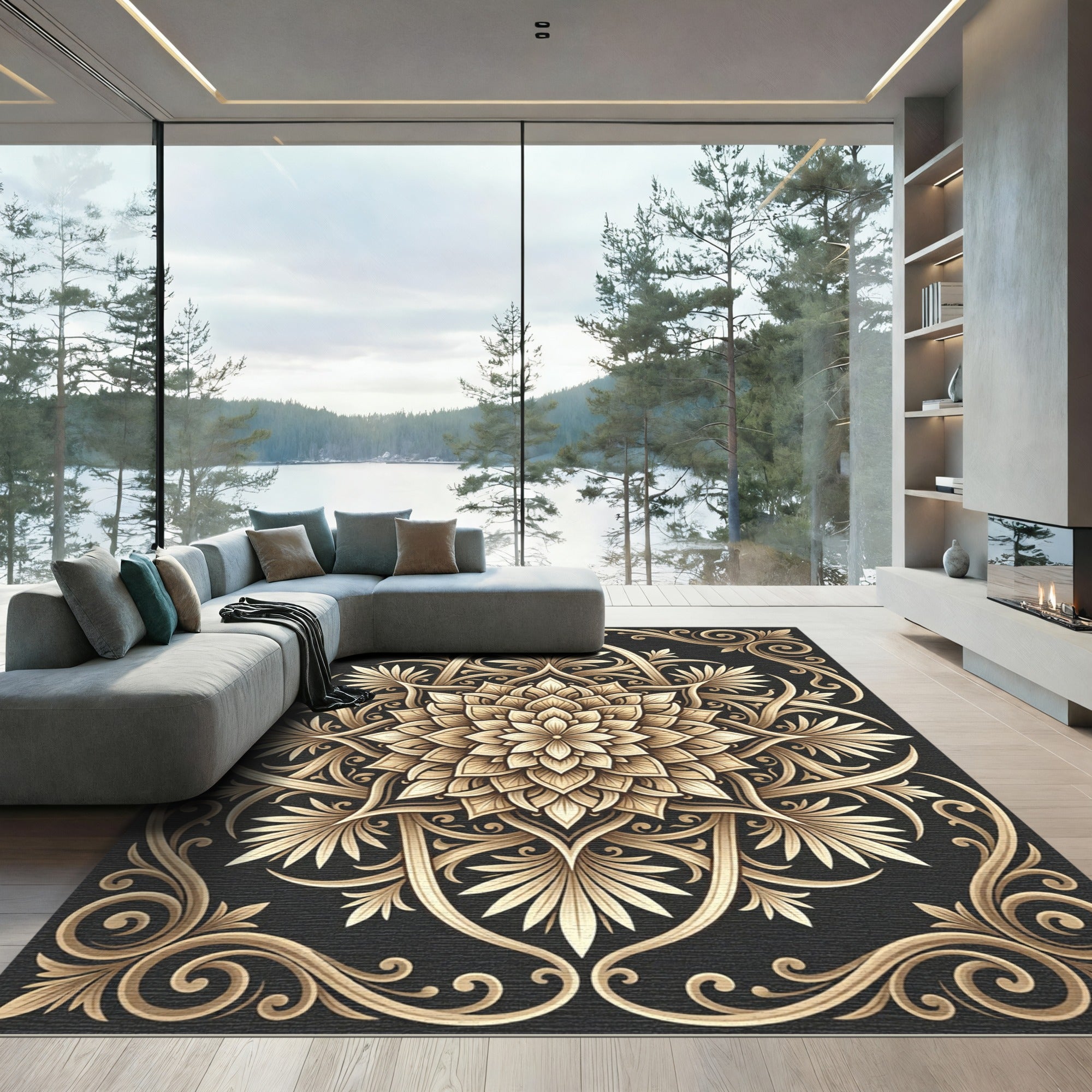 Golden Floral Mandala Ornate Rug