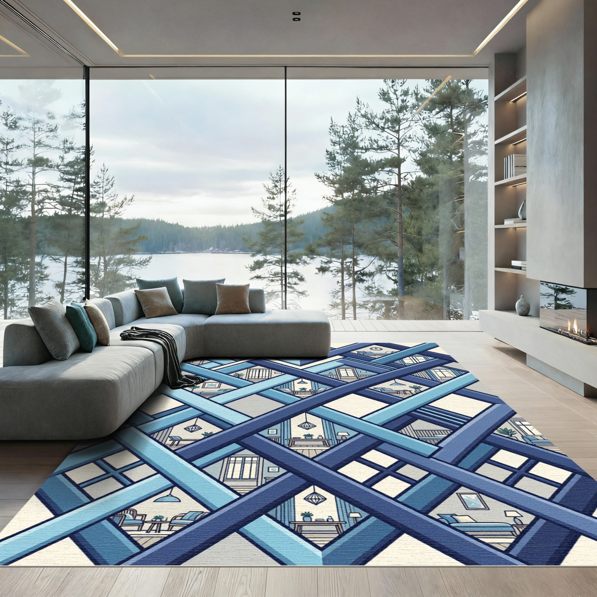 Geometric Blue Interlocking Lattice Link Rug