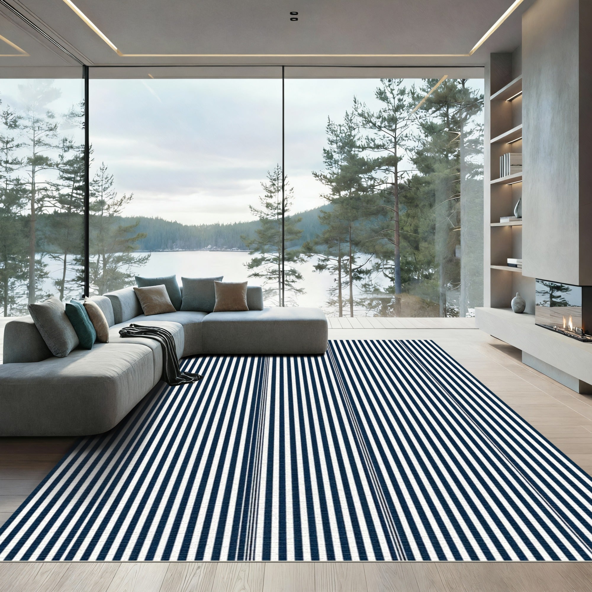 Navy White Parallel Lines Rug