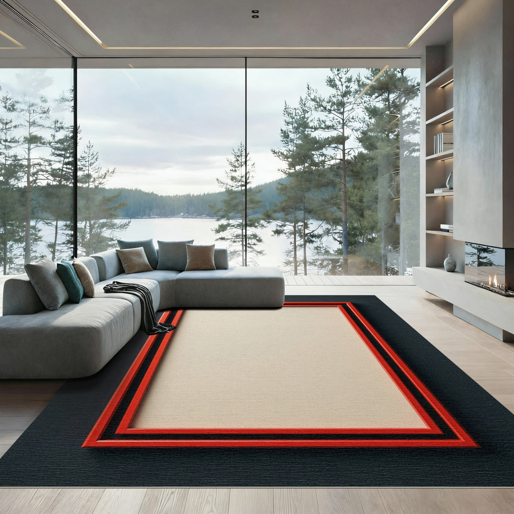 Red Black Double Layered Rectangular Frame Rug