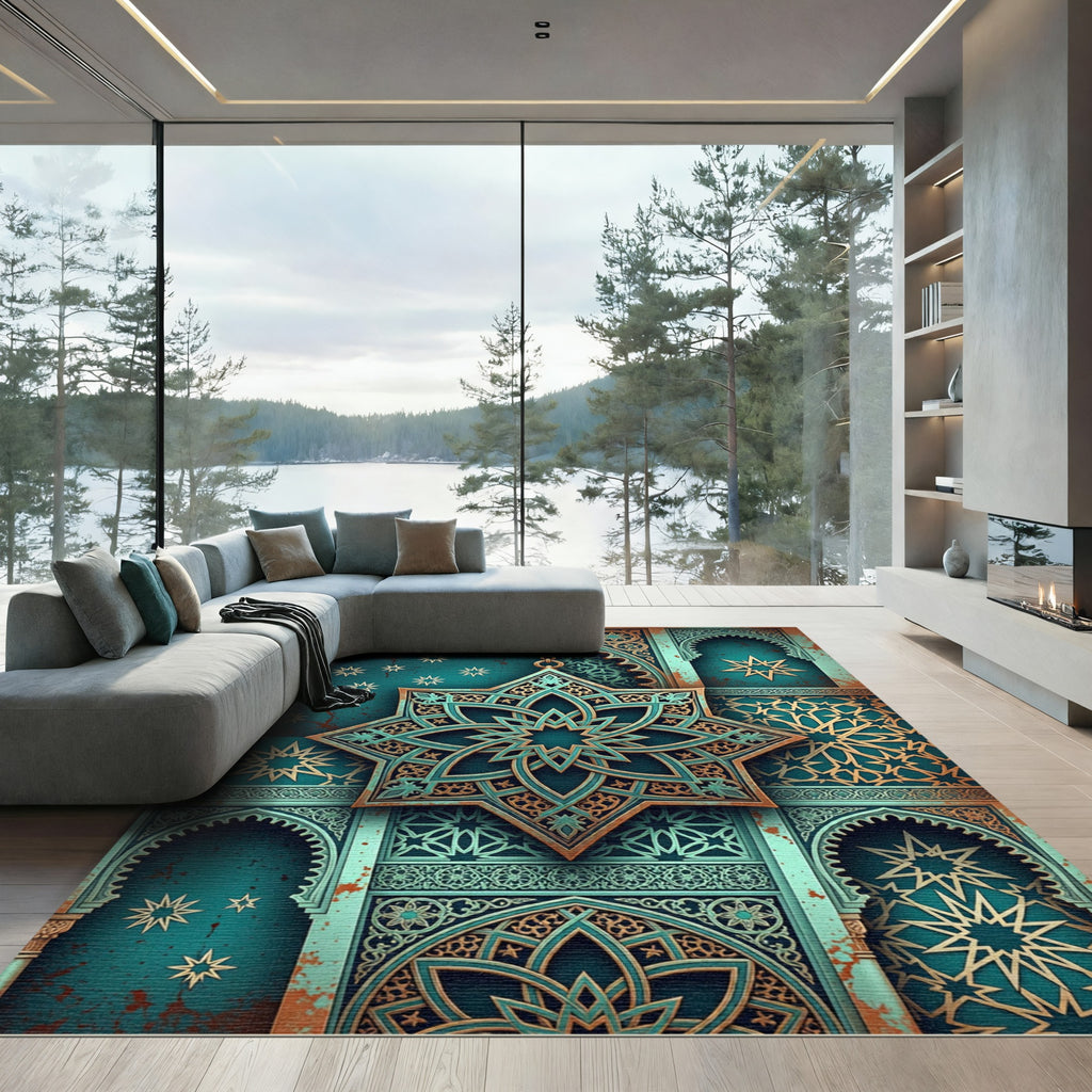 Teal And Bronze Geometric Star Tile Rug