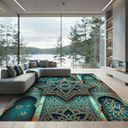 Teal And Bronze Geometric Star Tile Rug