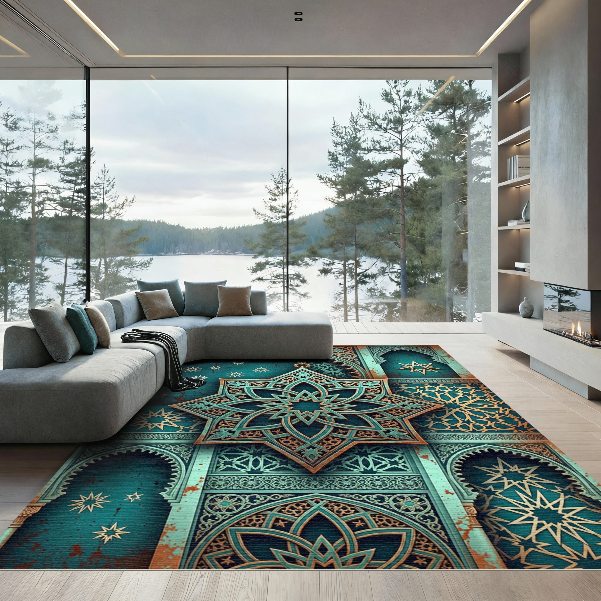 Teal And Bronze Geometric Star Tile Rug