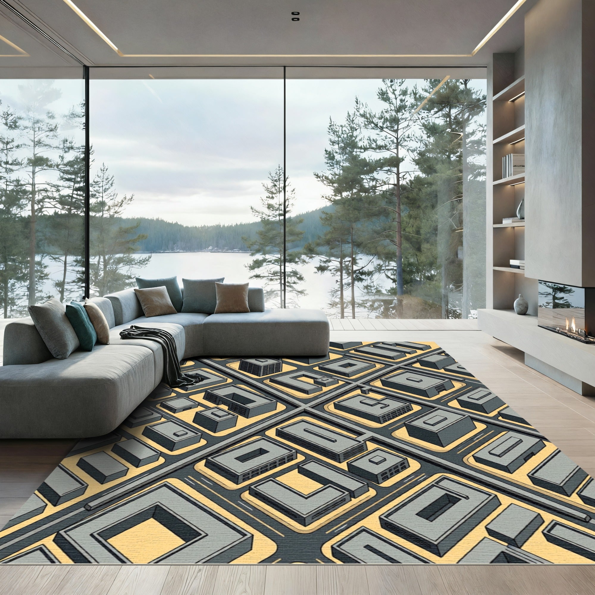Isometric Gray Architecture Urban Grid Rug