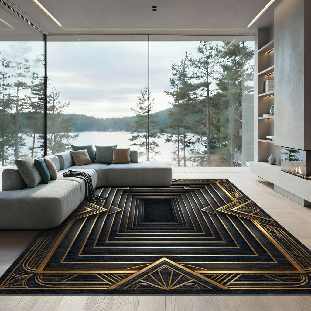 Art Deco Black Gold Geometric Frame Rug