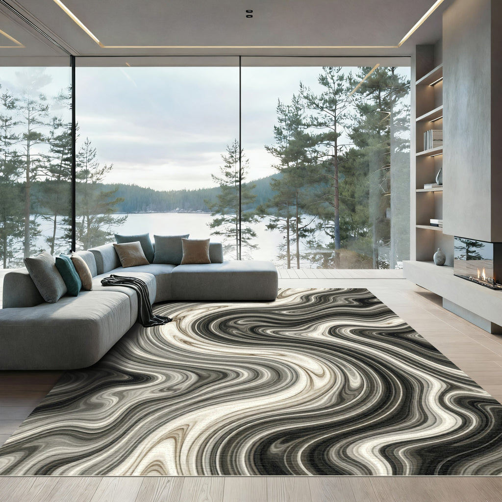 Modern Monochrome Fluid Marble Swirl Rug