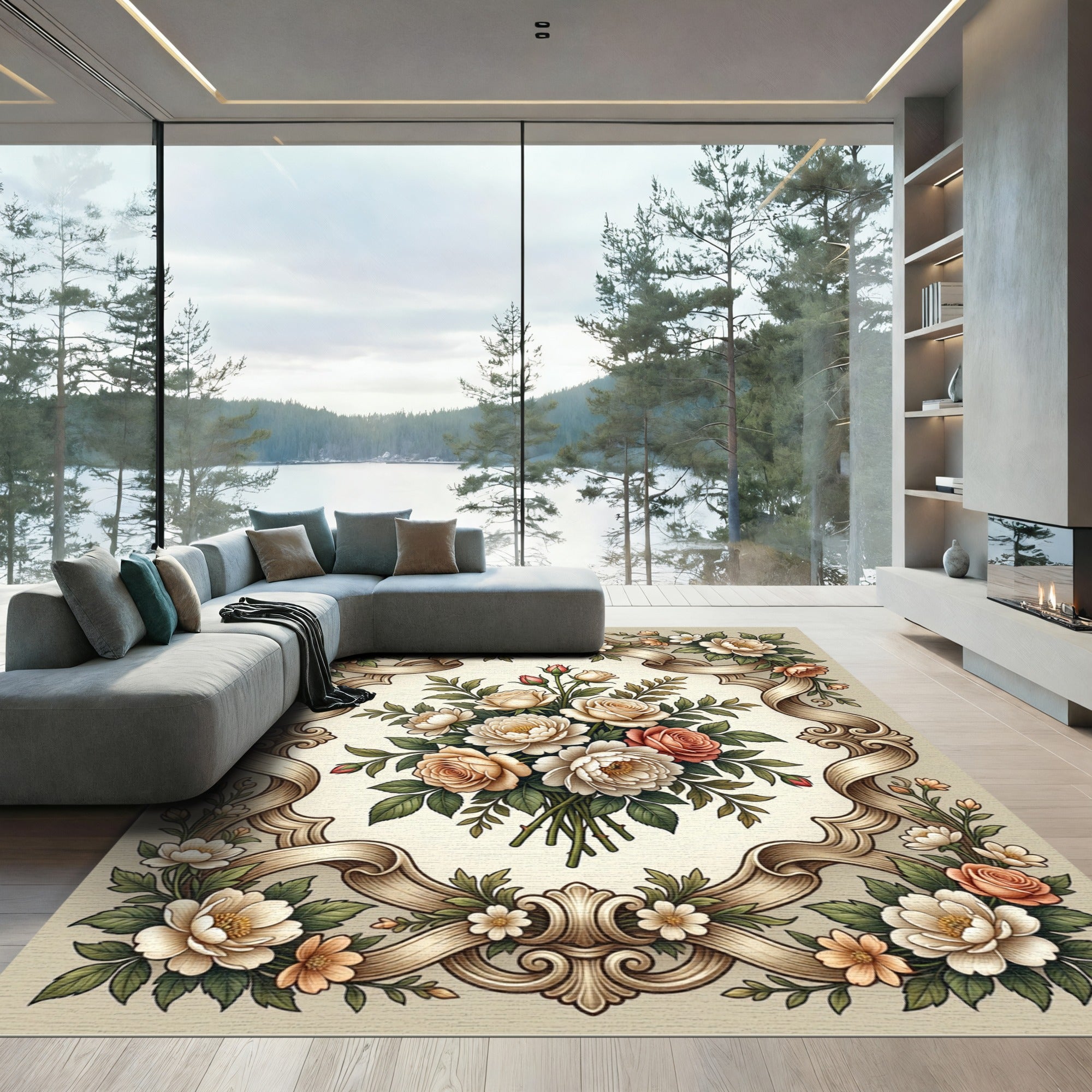 Antique Cream Floral Garland Artwork Rug