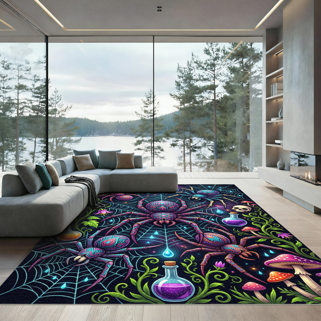 Neon Cosmic Spider Web Enchanted Forest Rug