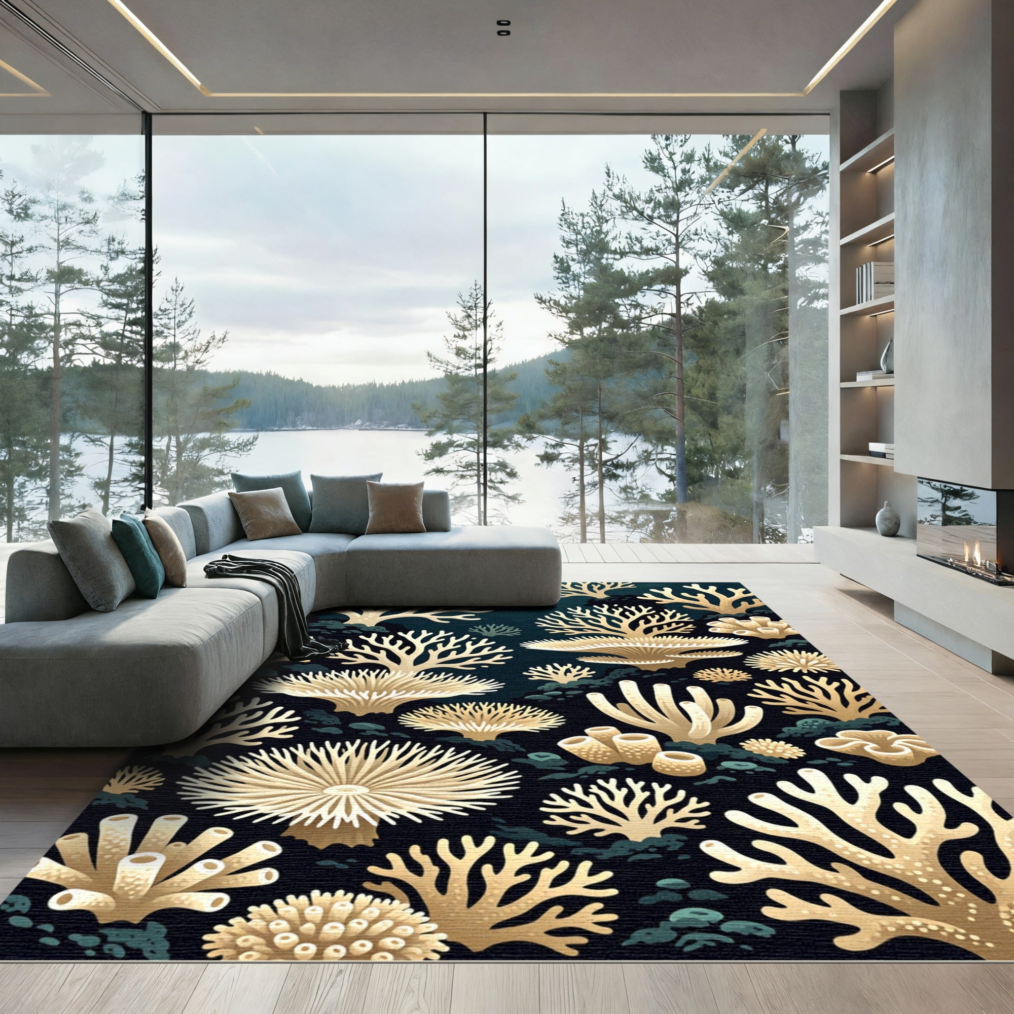 Golden Coral Reef Underwater Scene Rug