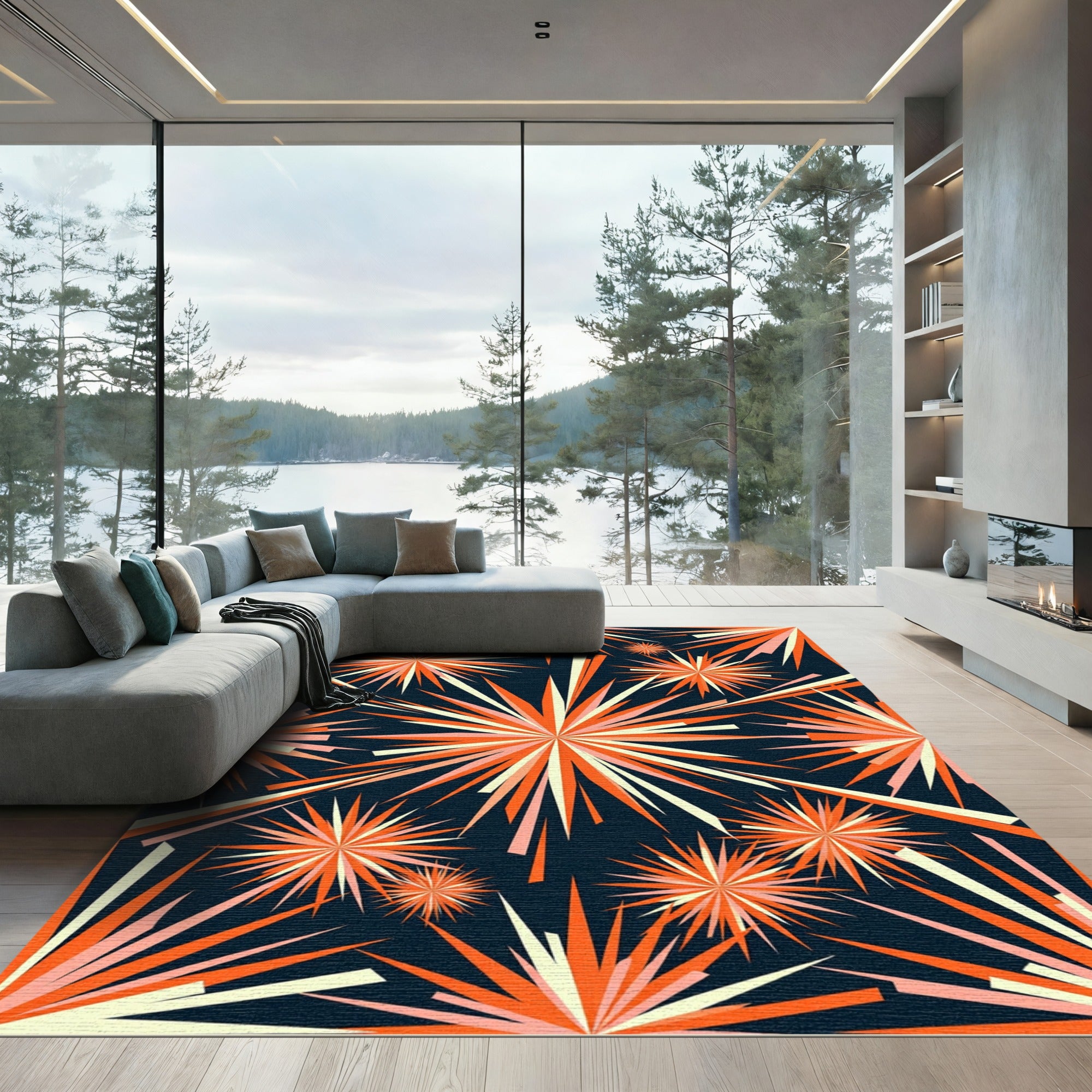Vibrant Orange Sunburst Radial Rug