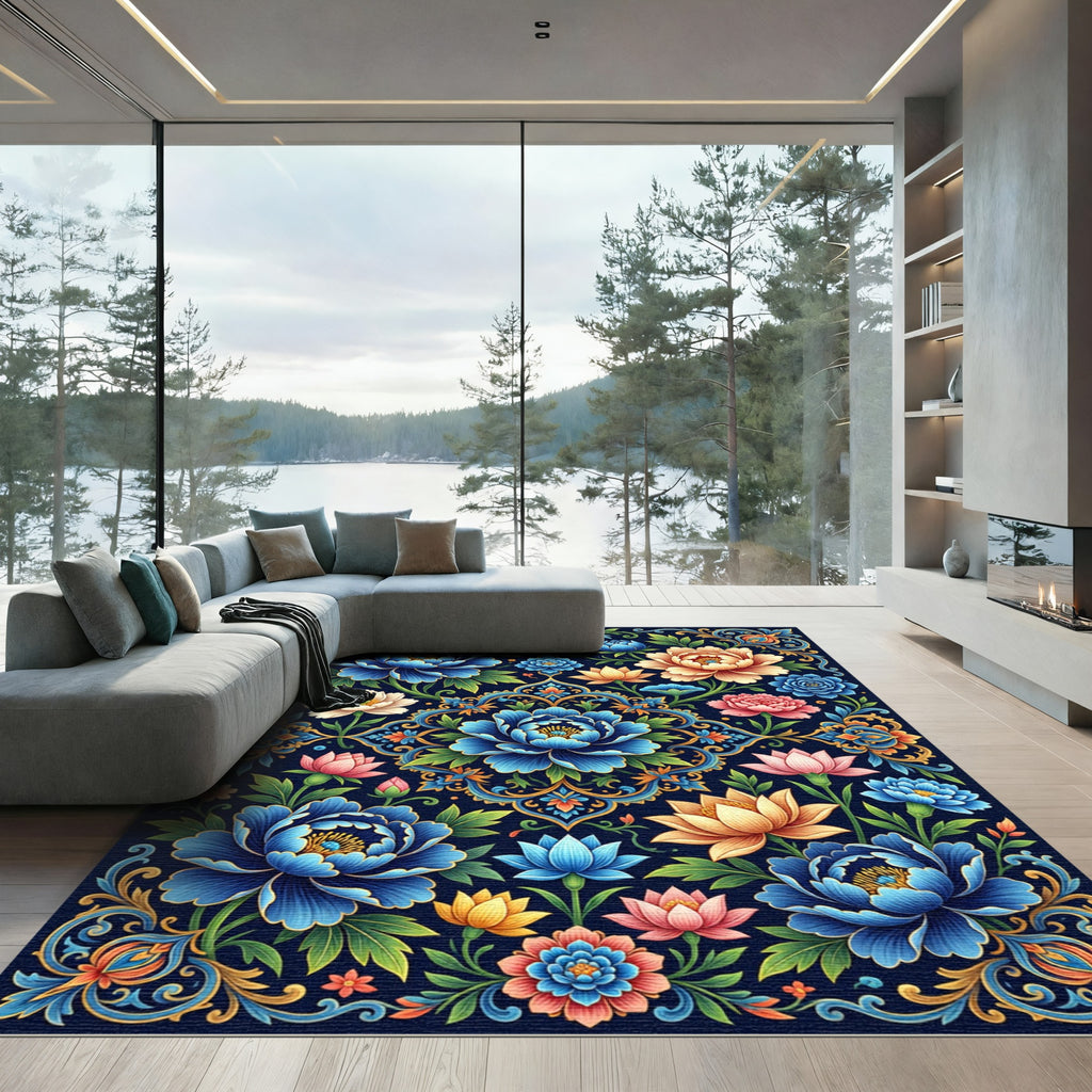 Vivid Blue Teal Floral Medallion Harmony Rug