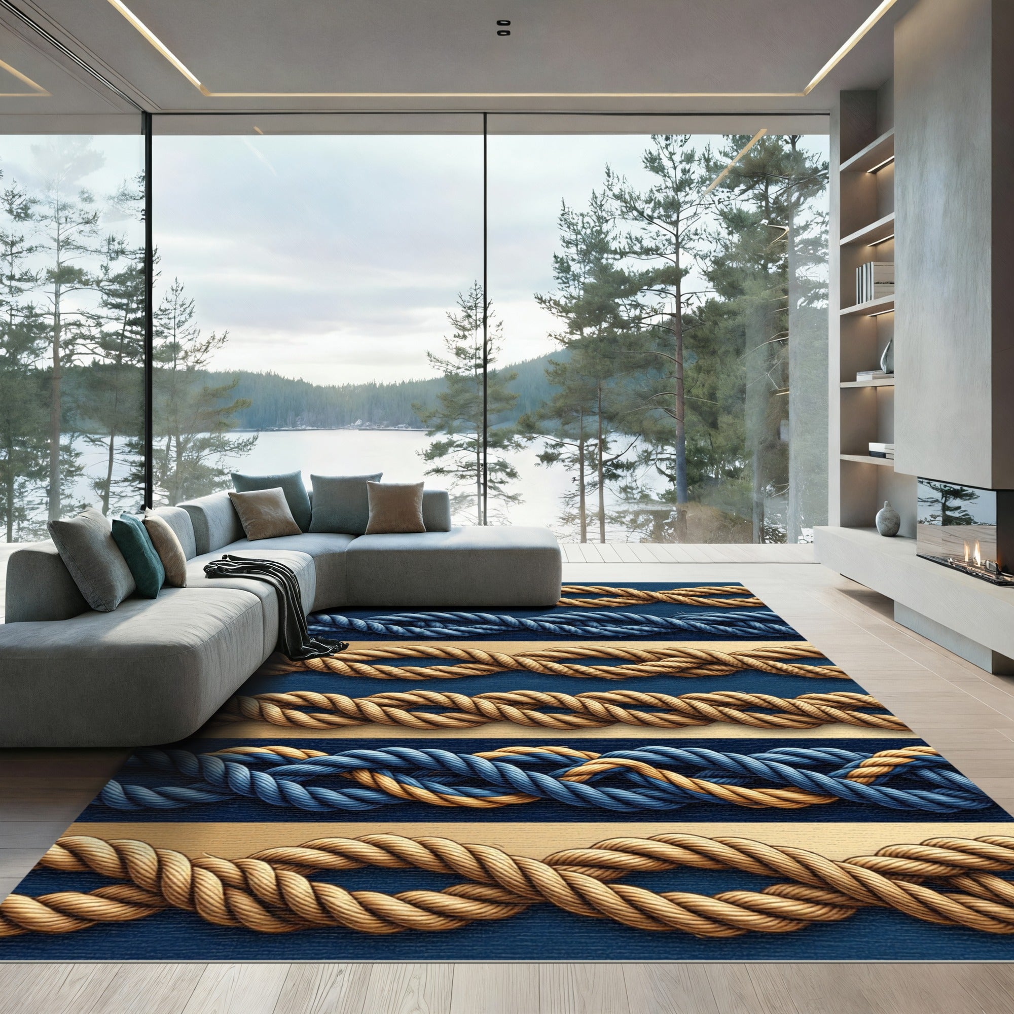 Navy Tan Rope Twist Texture Rug