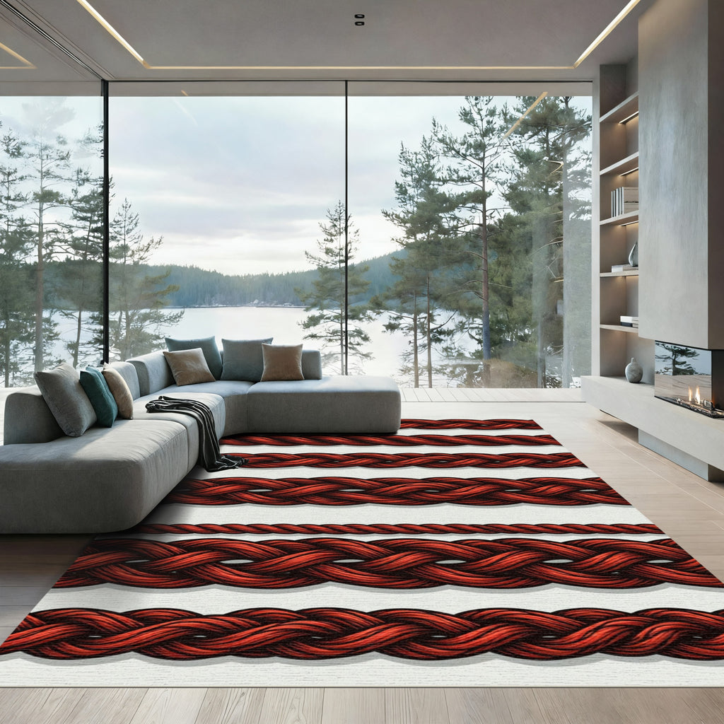 Crimson Braided Rope Lines Rug