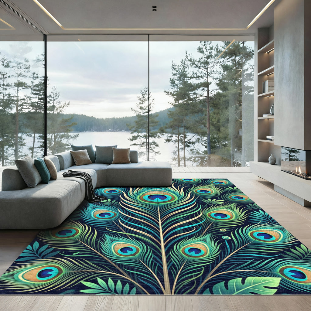 Vibrant Teal Peacock Feather Radiance Rug
