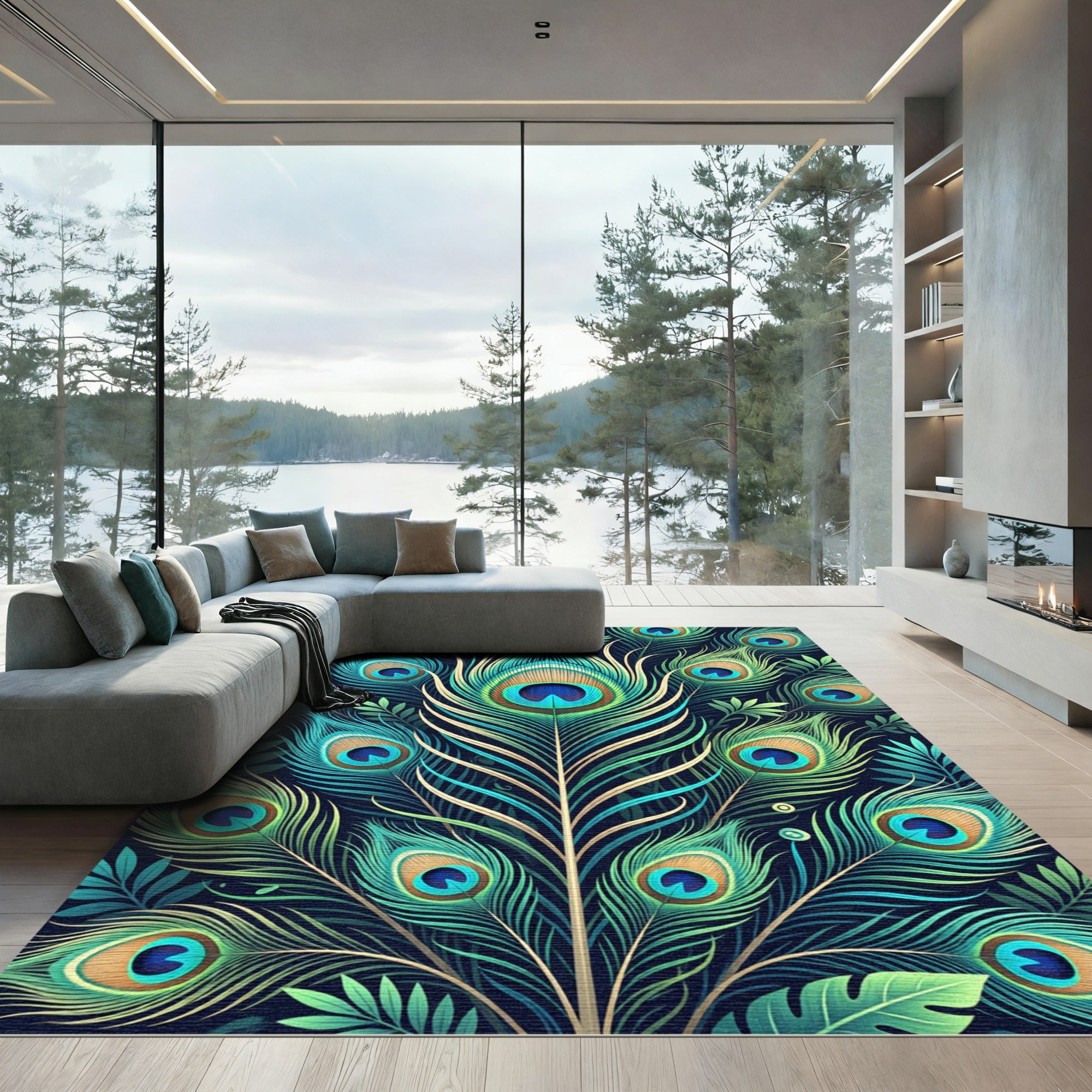 Vibrant Teal Peacock Feather Radiance Rug