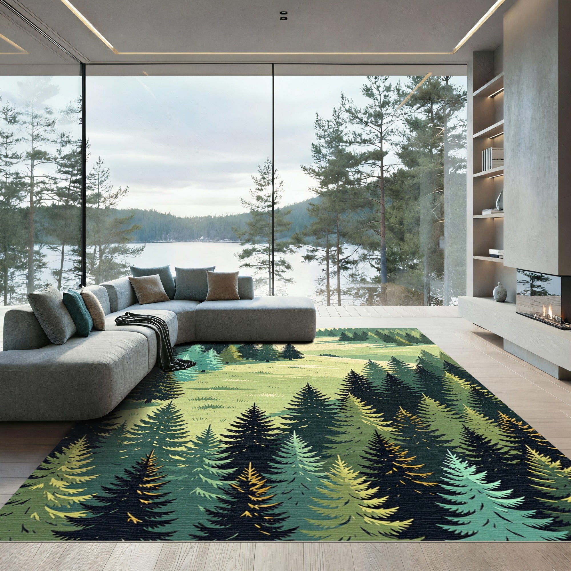 Verdant Pine Forest Landscape Rug
