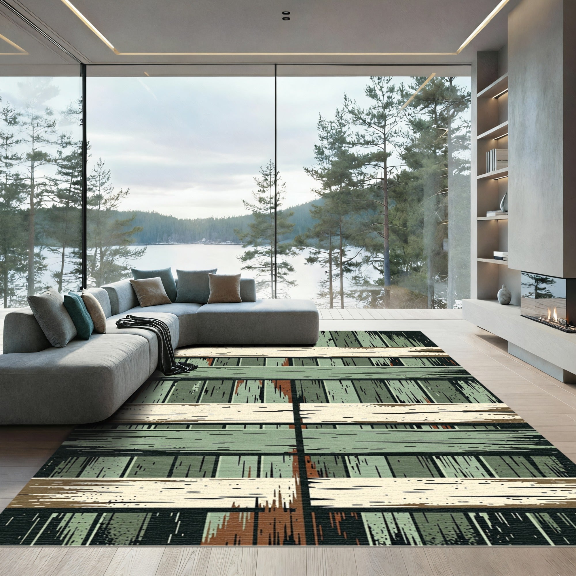Rustic Sage Green Weathered Wood Plank Rug