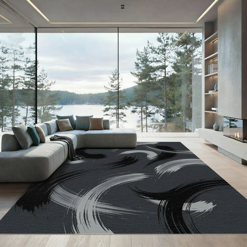Abstract Swirlstrokes Black White Rug
