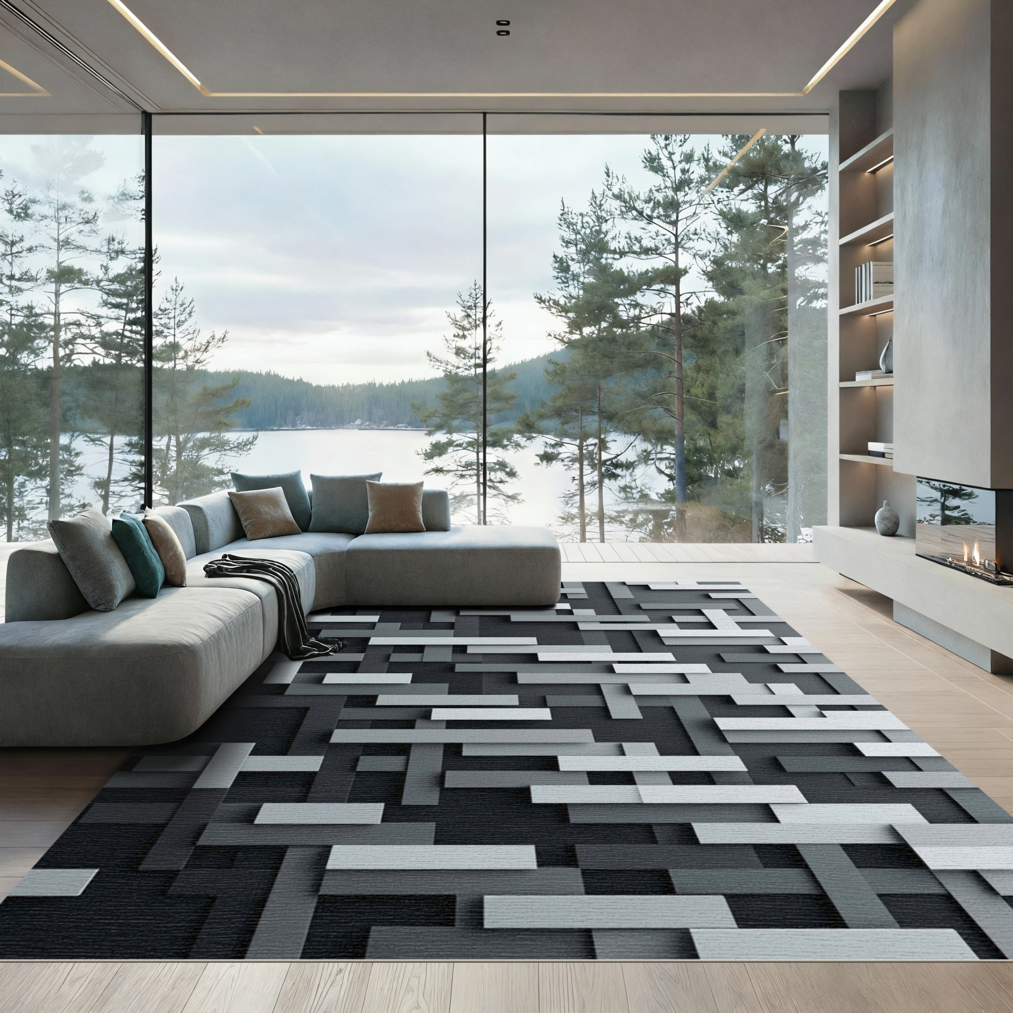 Monochromatic Gray Geometric Block Grid Rug