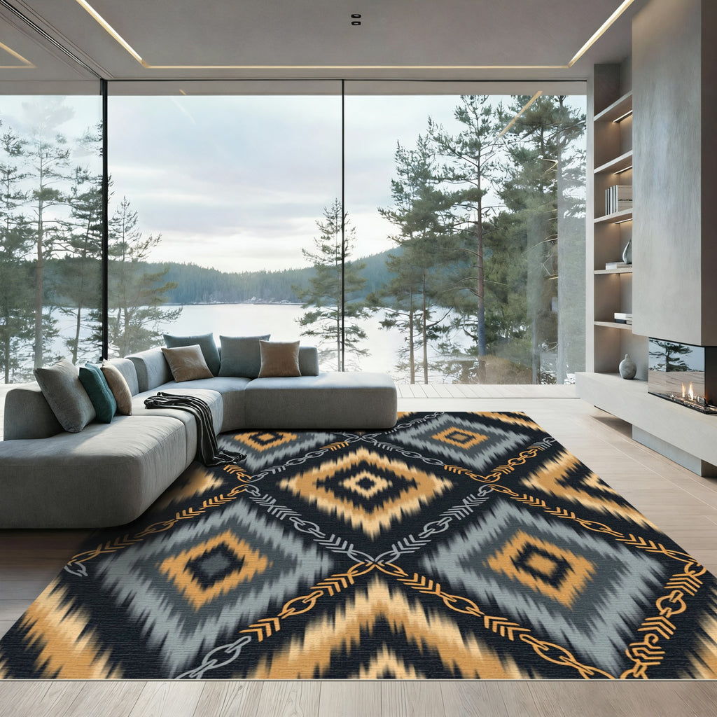Ocher Gray Geometric Zigzag Chain Rug