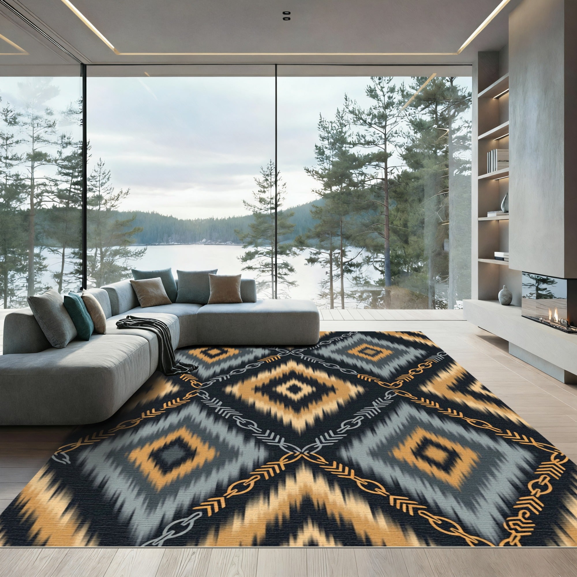 Ocher Gray Geometric Zigzag Chain Rug