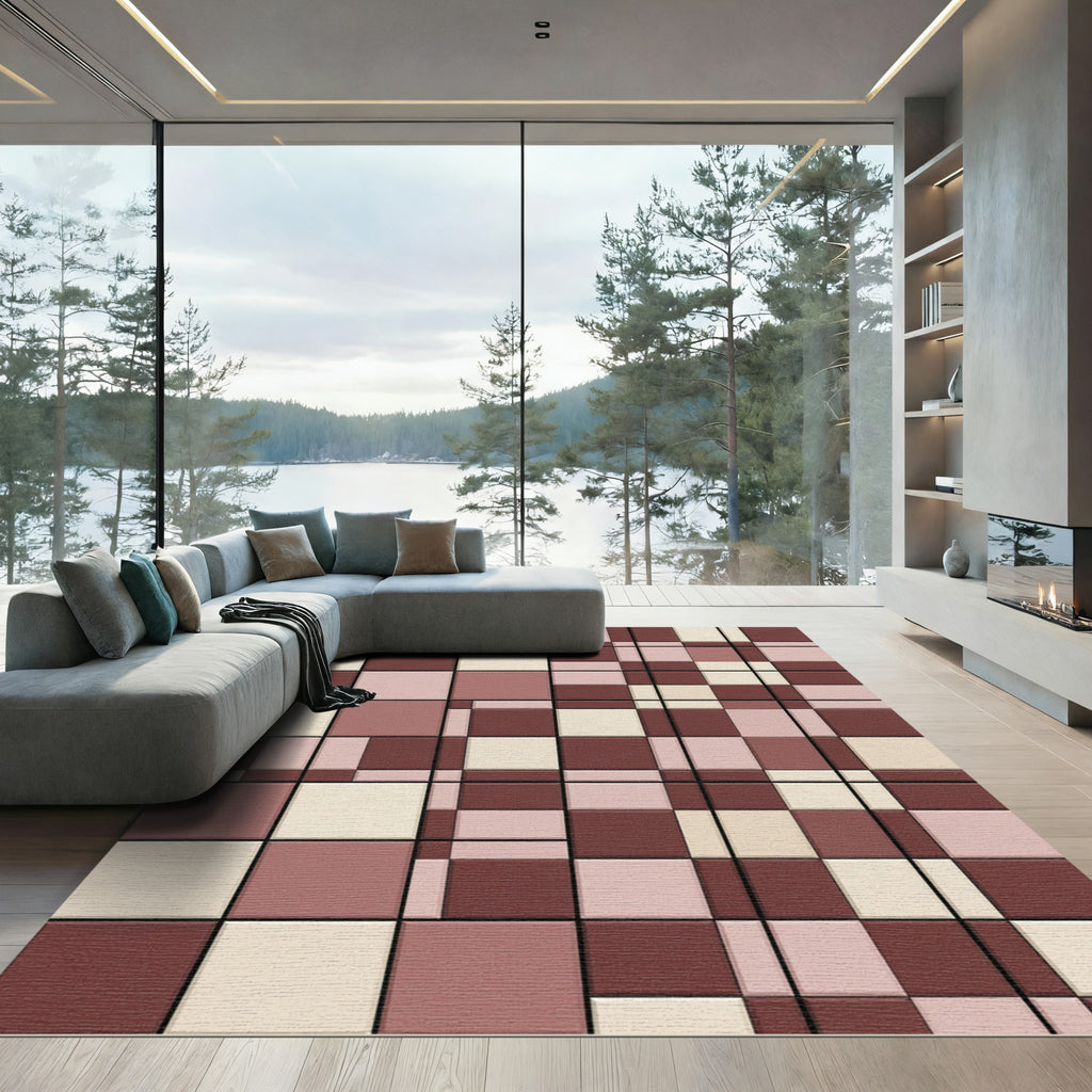 Geometric Burgundy Cream Blush Blocks Rug
