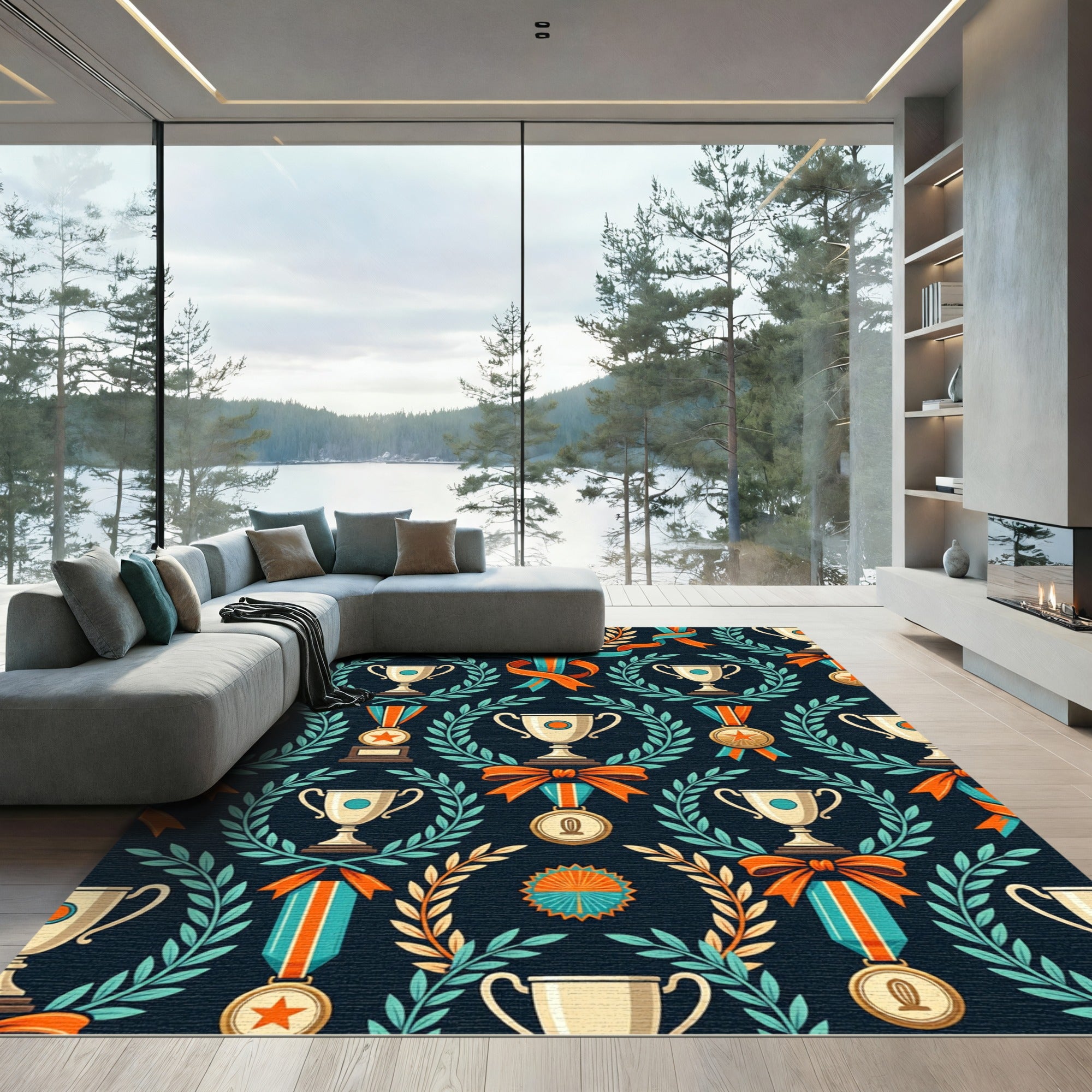 Trophy Laurel Wreath Navy Medallion Rug