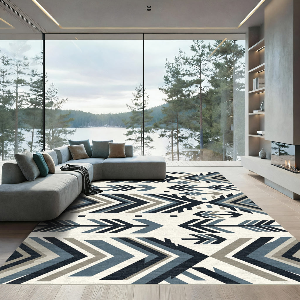 Modern Blue Geometric Arrow Chevron Rug