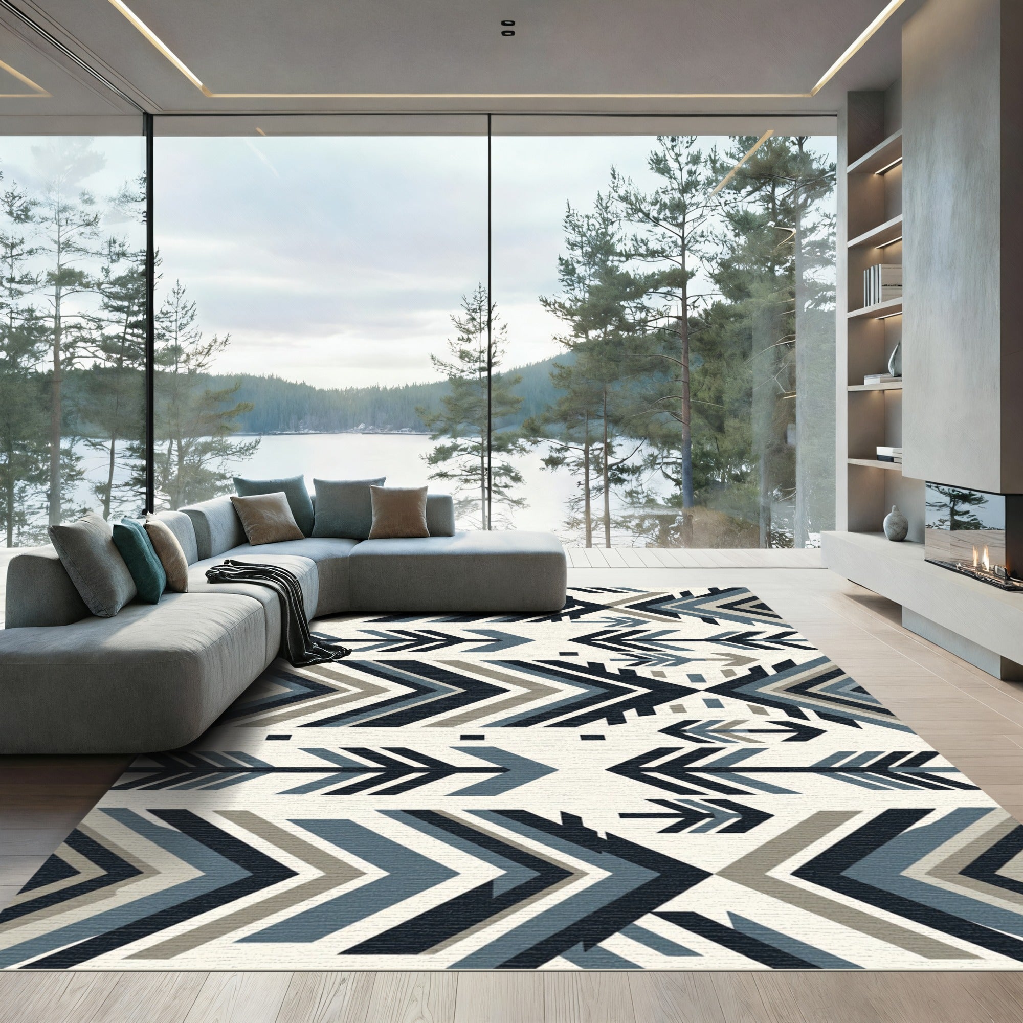 Modern Blue Geometric Arrow Chevron Rug