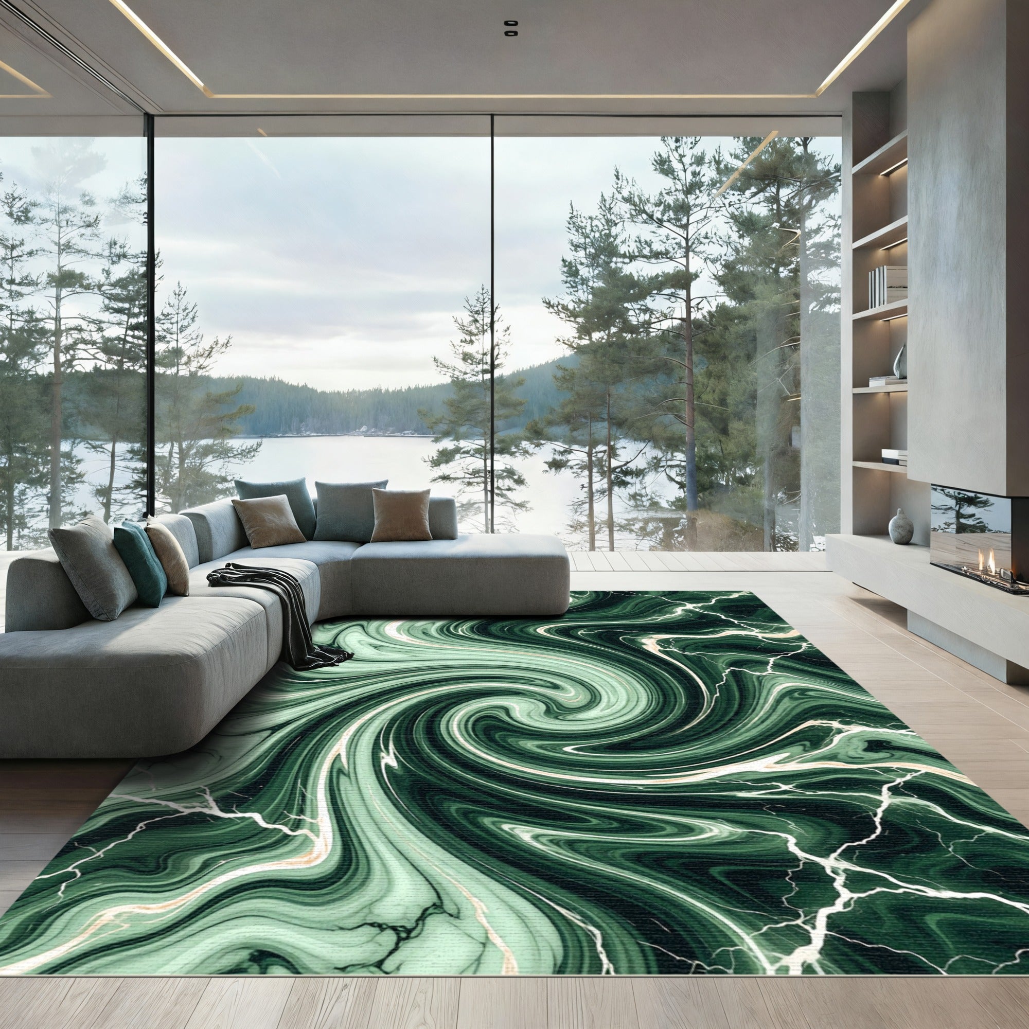 Deep Green Swirl Marble Effect Rug