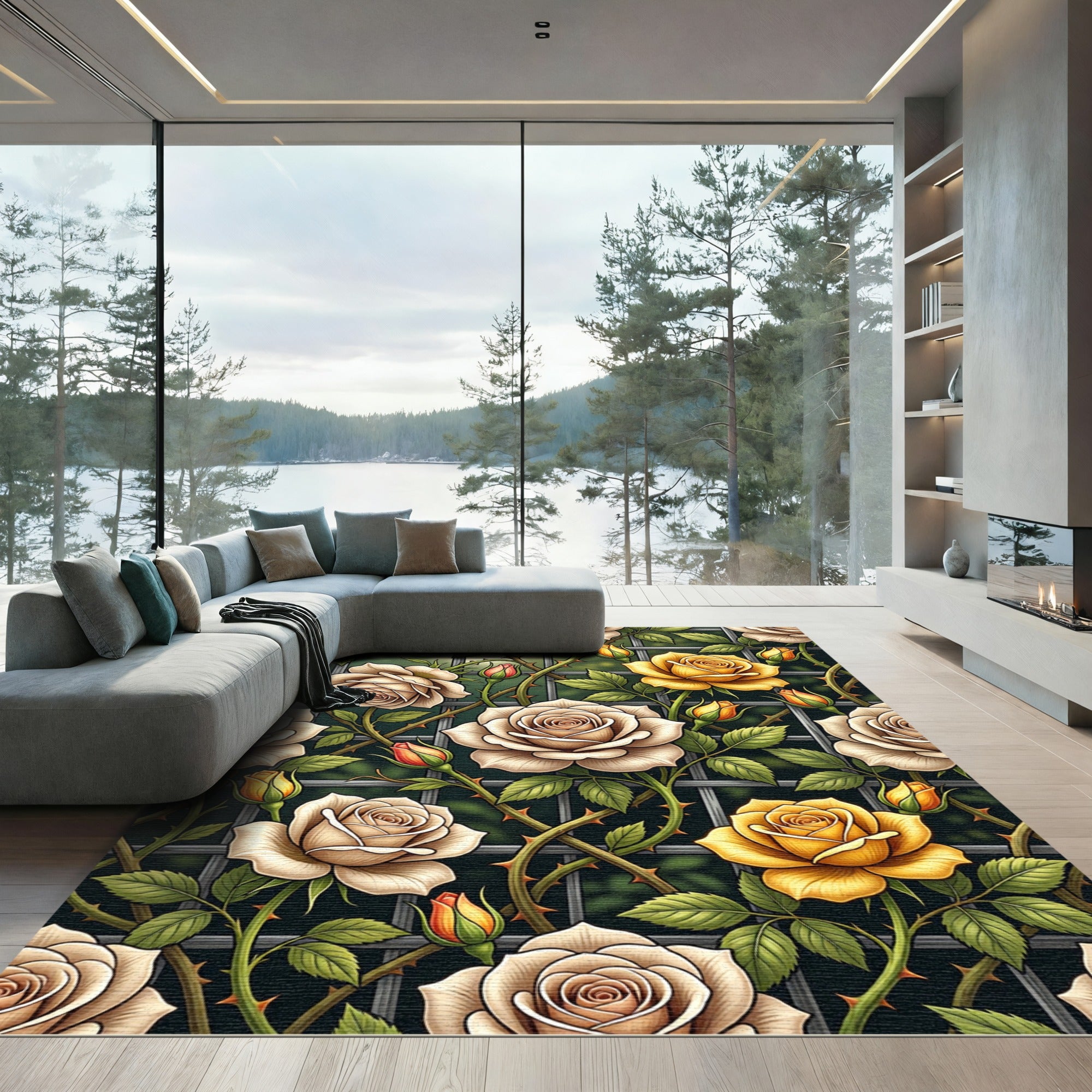 Cream and Golden Rose Trellis Rug