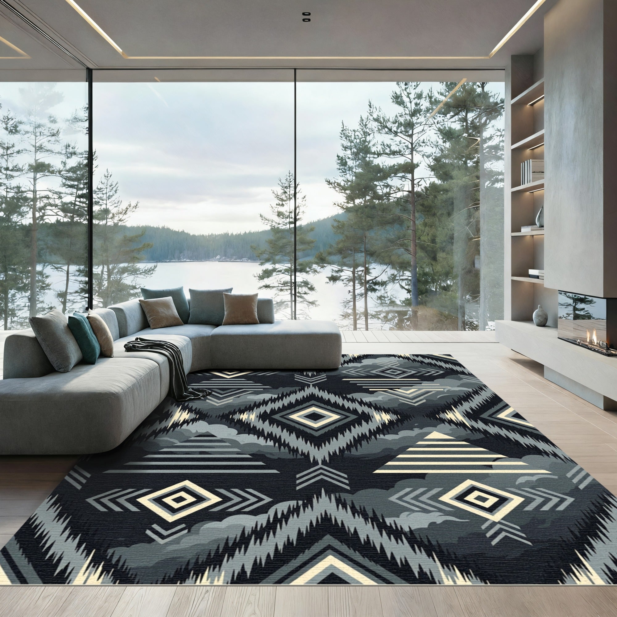 Monochrome Geometric Aztec Diamond Tile Rug