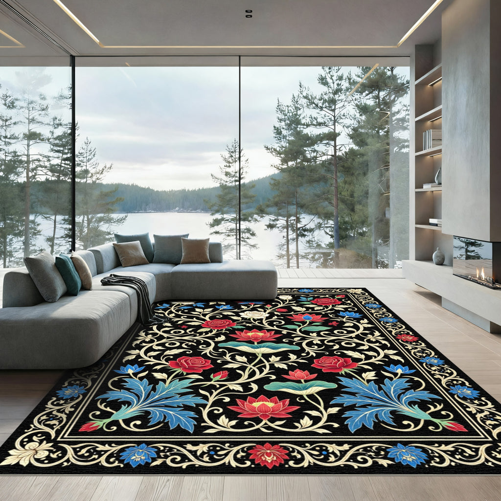 Midnight Floral Lotus and Rose Art Rug