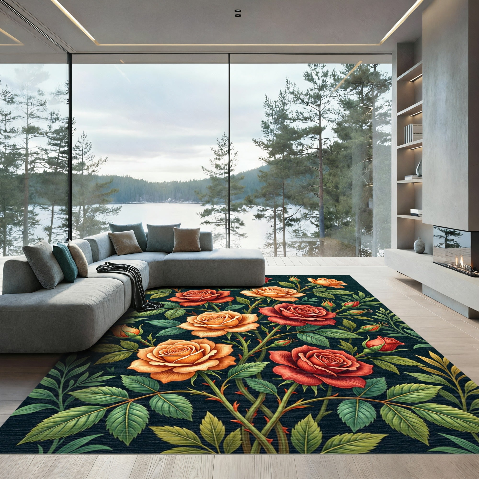 Vintage Crimson Orange Roses Garden Rug