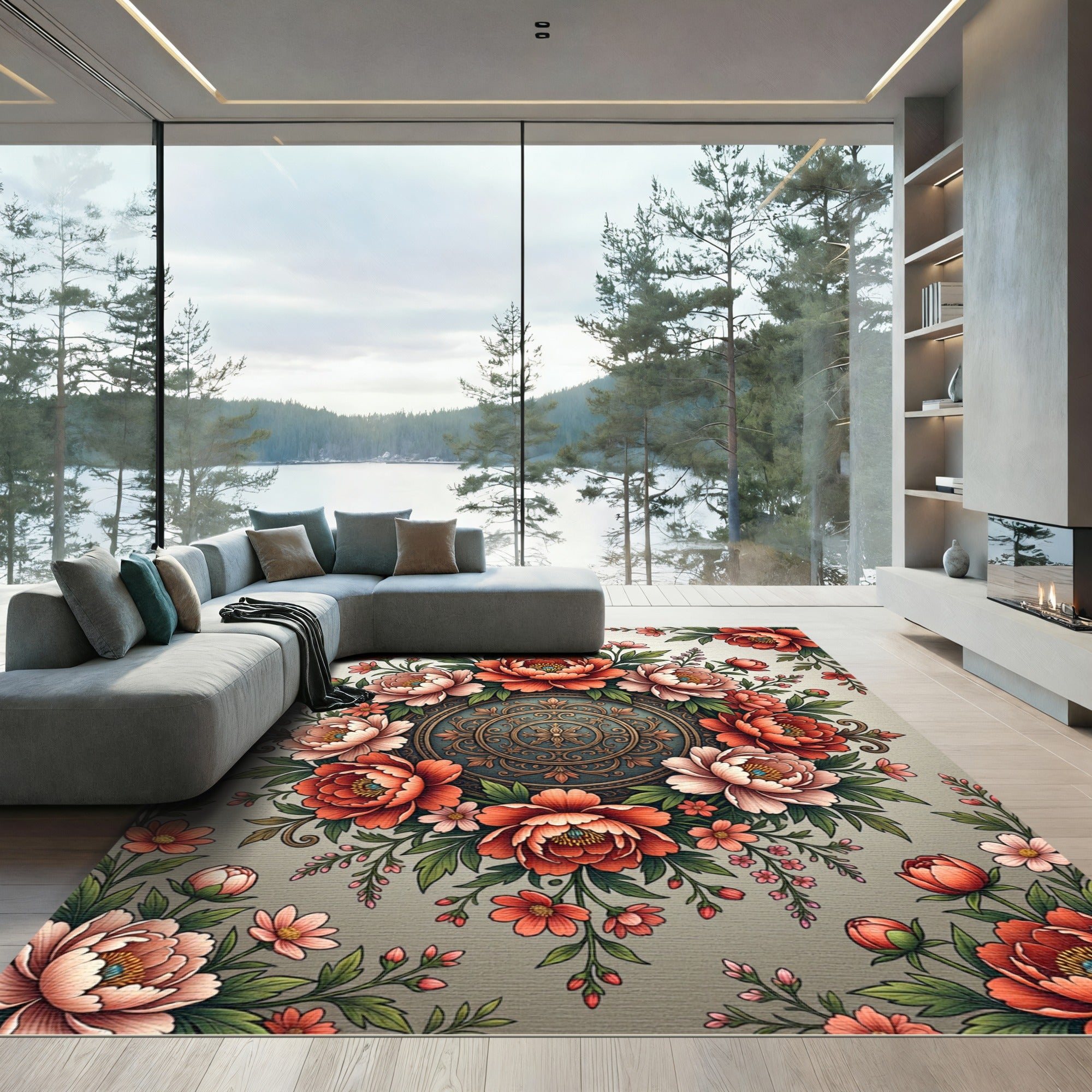 Ornate Floral Medallion with Coral Peonies Rug