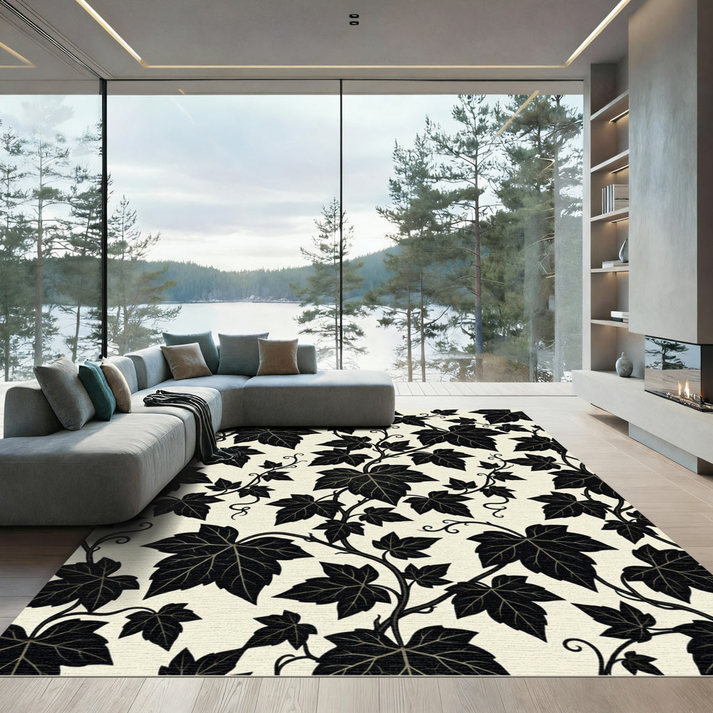 Black Grapevine Leaf Botanical Art Rug