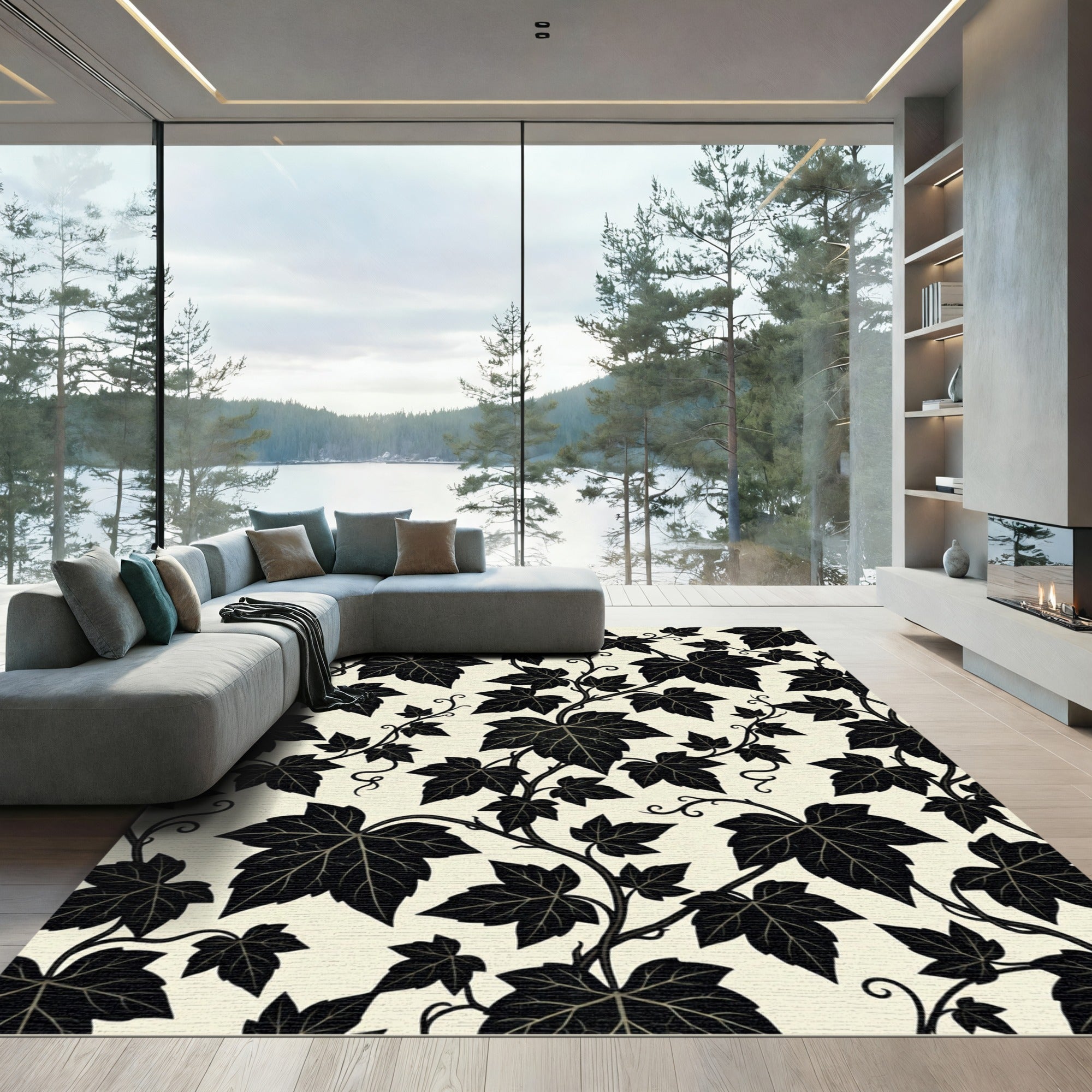 Black Grapevine Leaf Botanical Art Rug