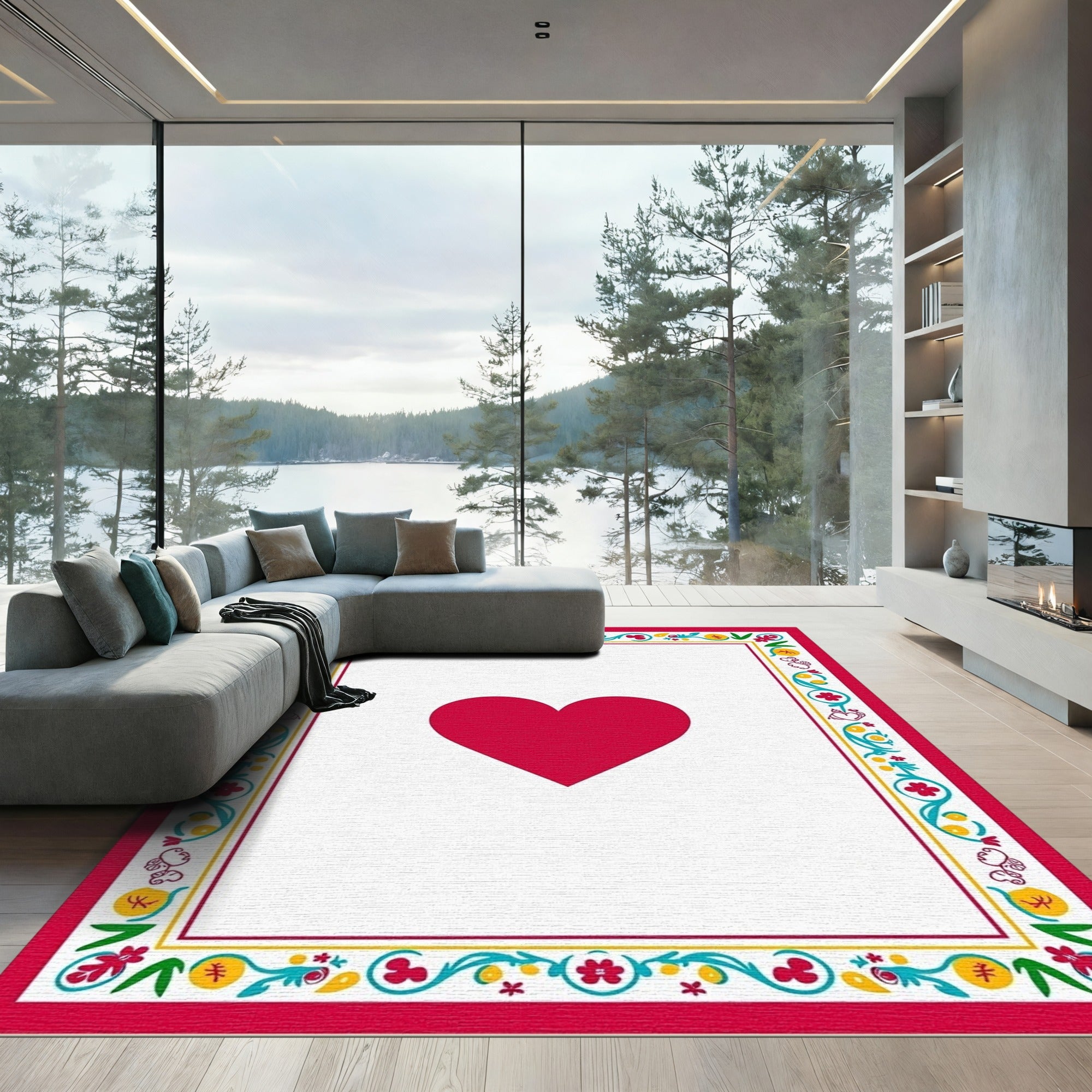 Crimson Heart Floral Border Rug