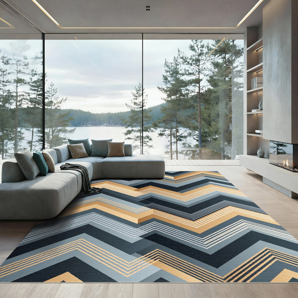 Modern Blue and Gold Zigzag Chevron Rug