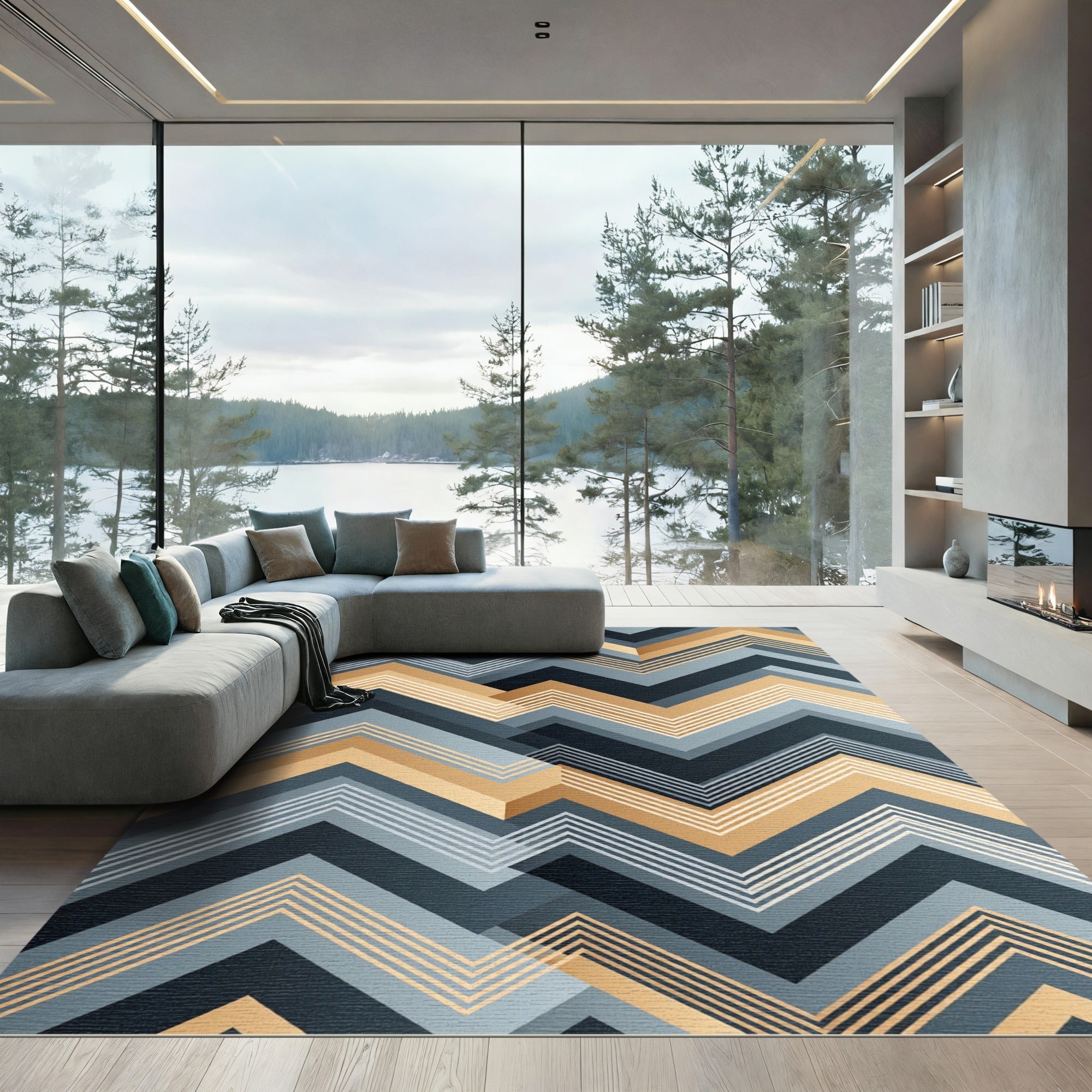 Modern Blue and Gold Zigzag Chevron Rug