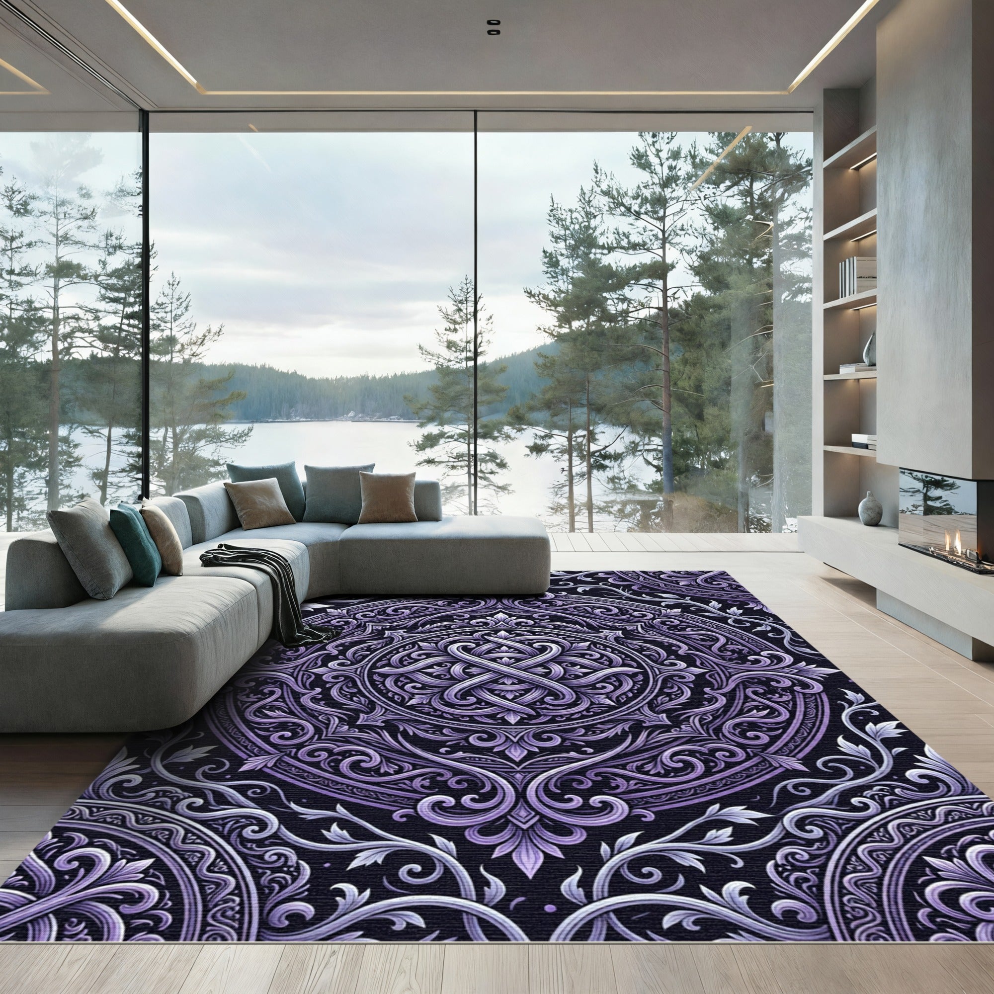 Ornate Lavender Baroque Circular Floral Rug
