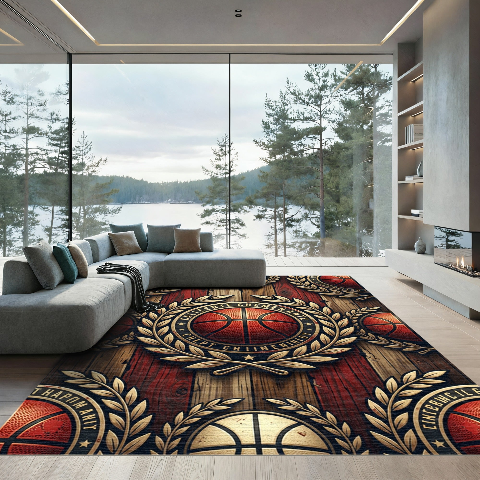 Golden Basketball Crest Wooden Planks Rug