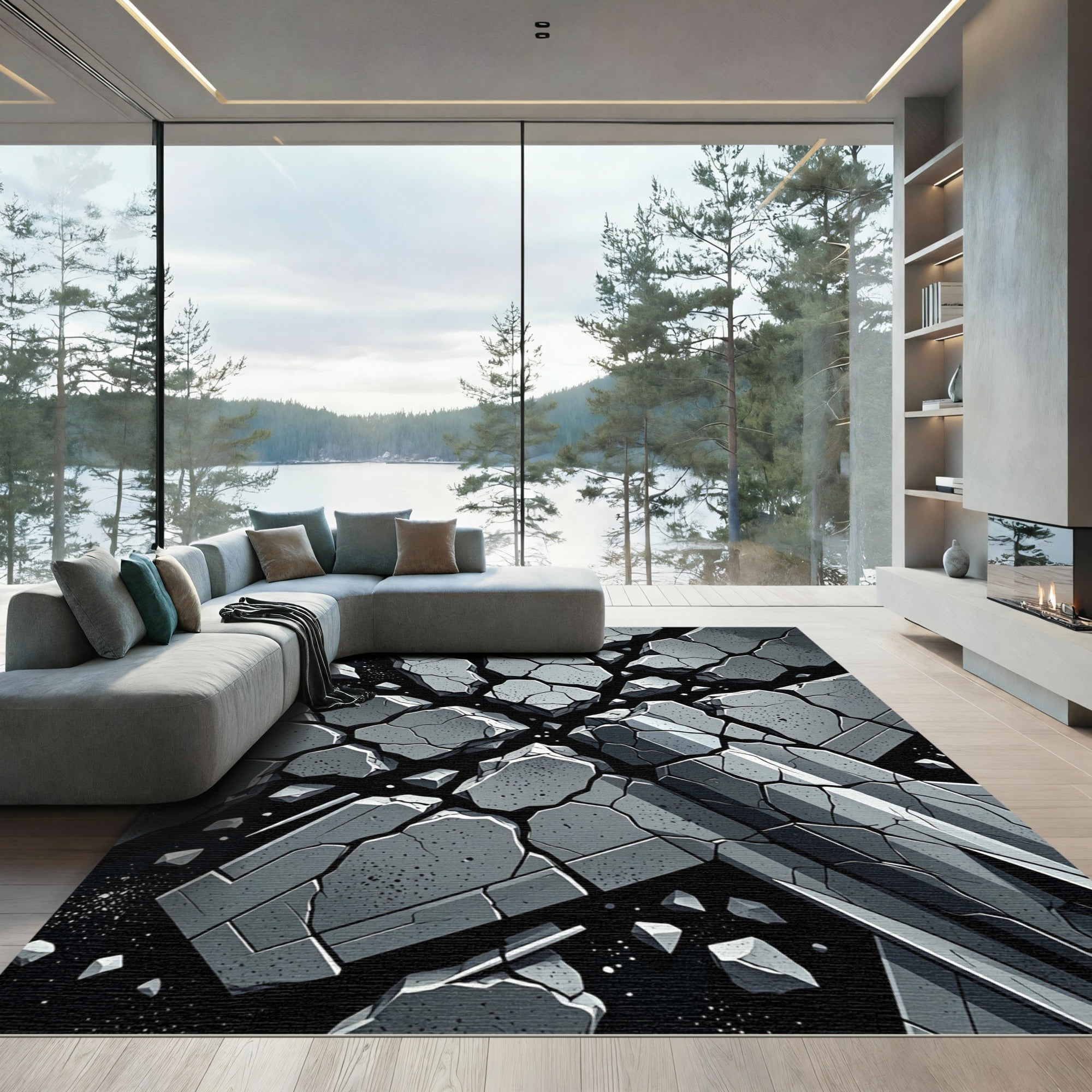 Gray Cracked Stone Explosion Rug