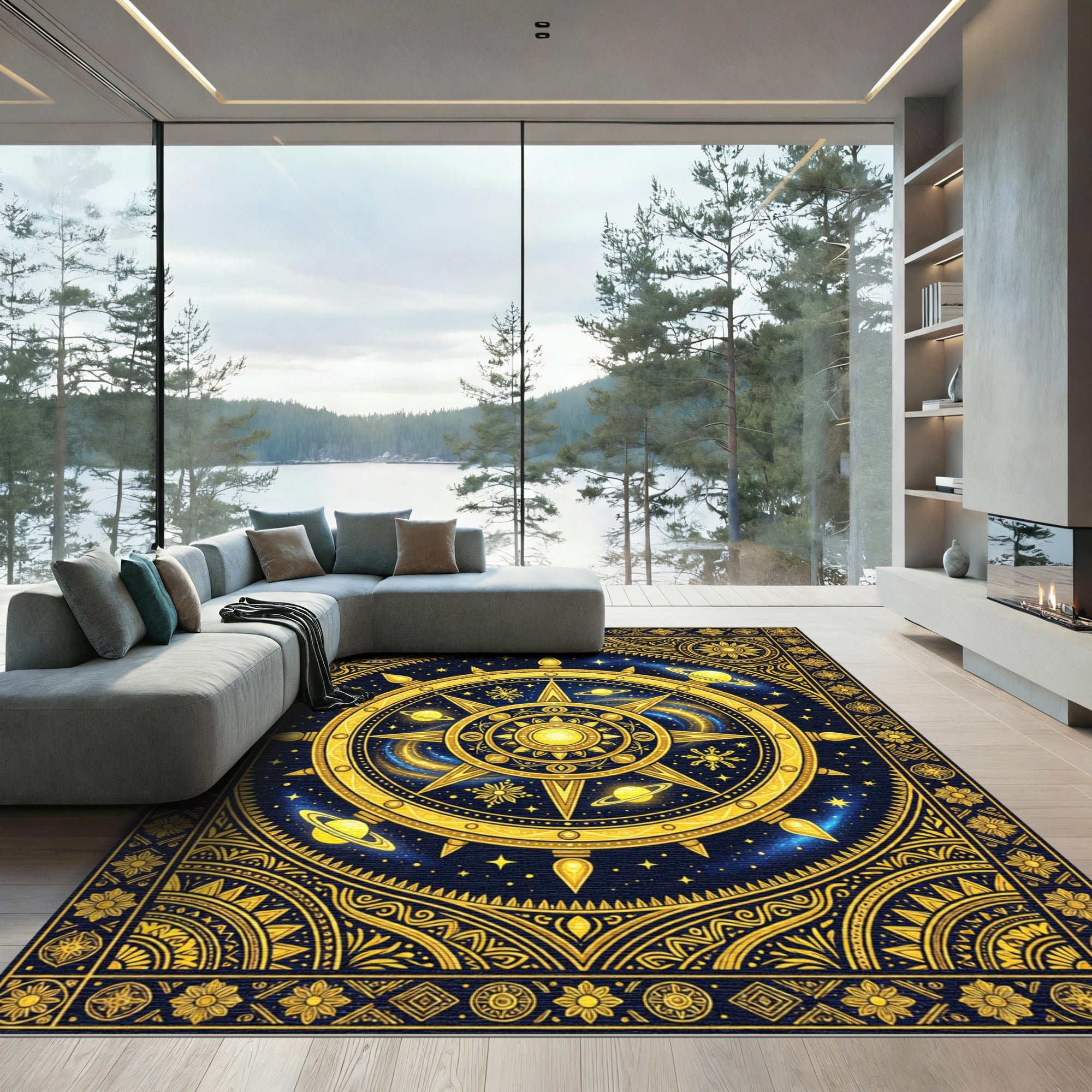 Celestial Gold Solar System Compass Rug